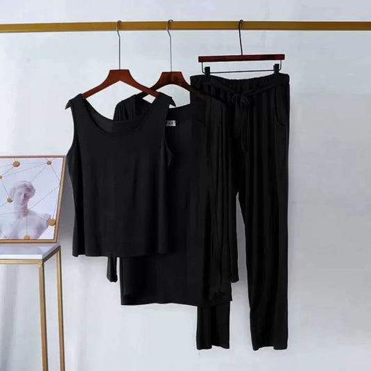 Black Long Sleeve Women Night Suit PJ Set 3 Pieces