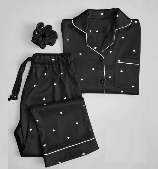 Black Night Suit Silk Dot Printed 3 Piece Night Suit Shirt And Trouser For Women And Girls High Quality Pure Stuff Many Bridal Colors
