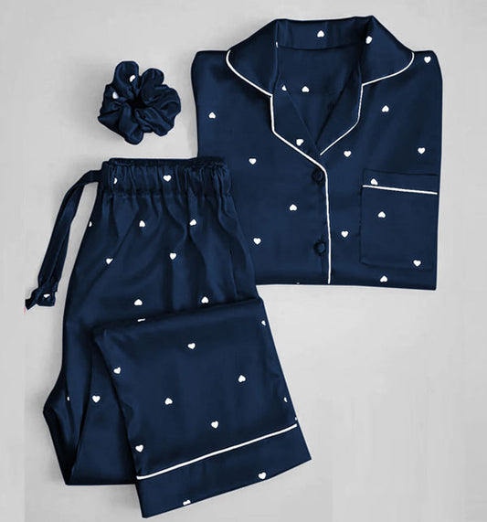 Blue Night Suit Silk Dot Printed 3 Piece Night Suit Shirt And Trouser For Women And Girls High Quality Pure Stuff Many Bridal Colors
